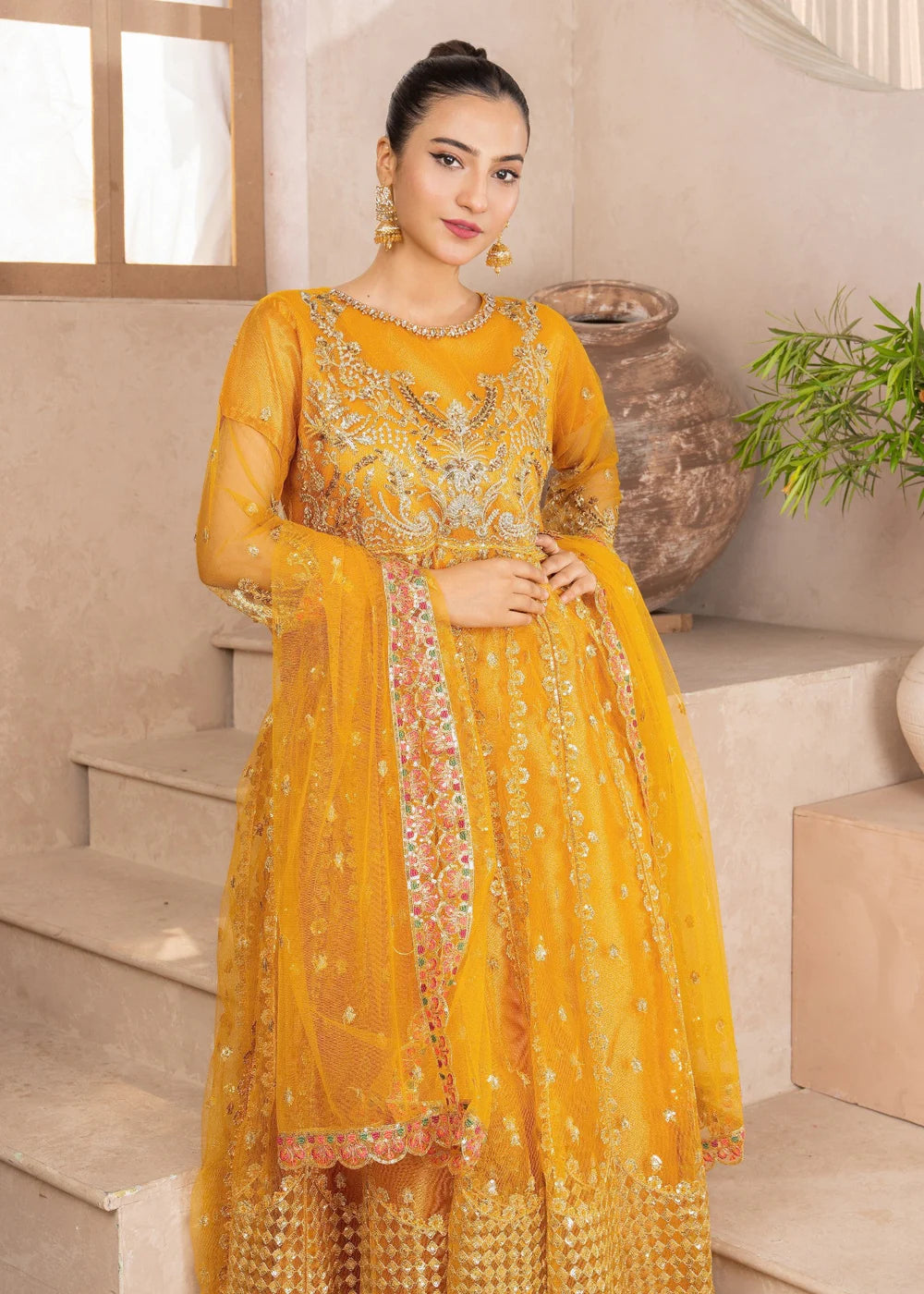 Yellow Net Maxi – 3Piece