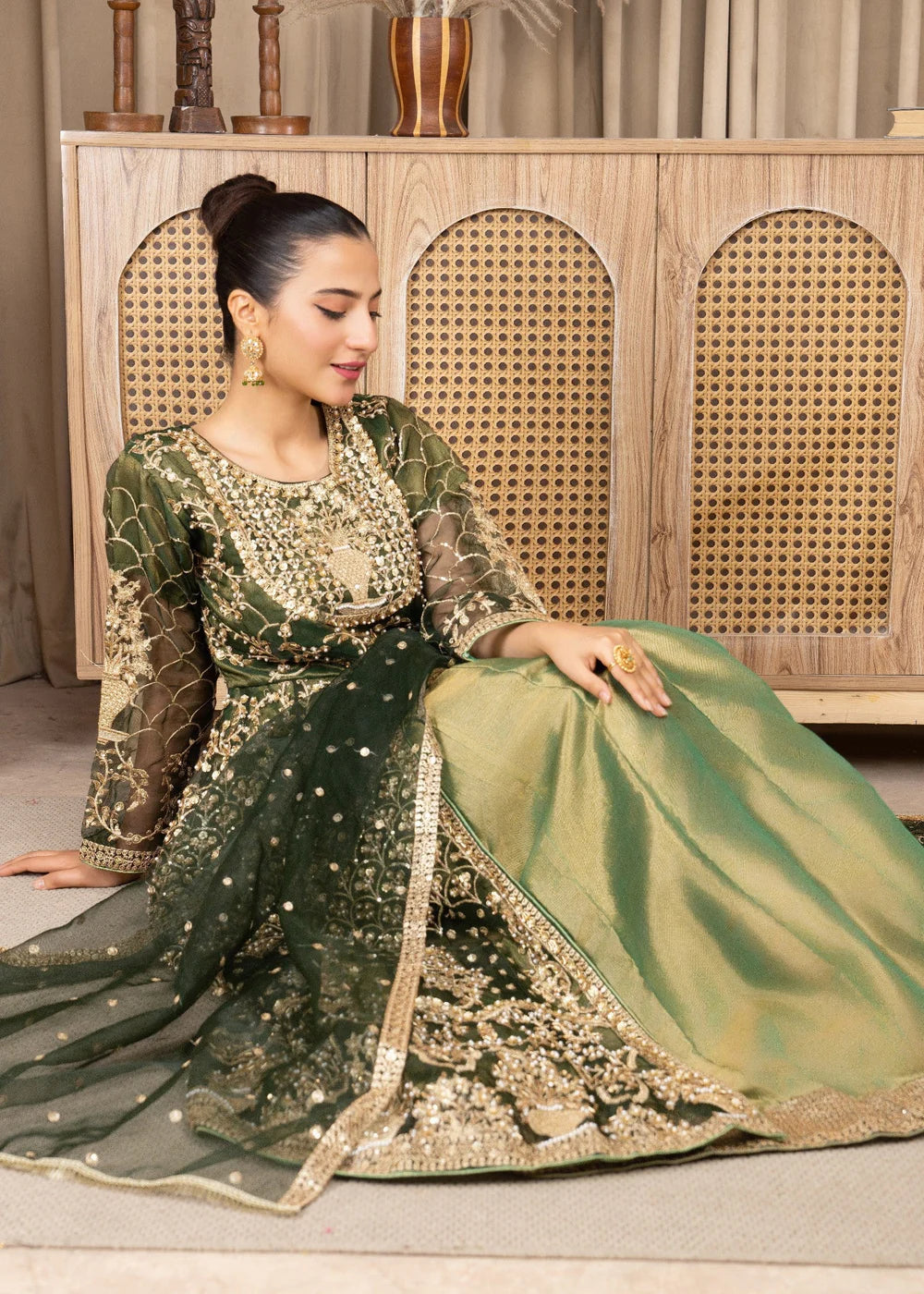Dark Green Organza Maxi – 3Piece