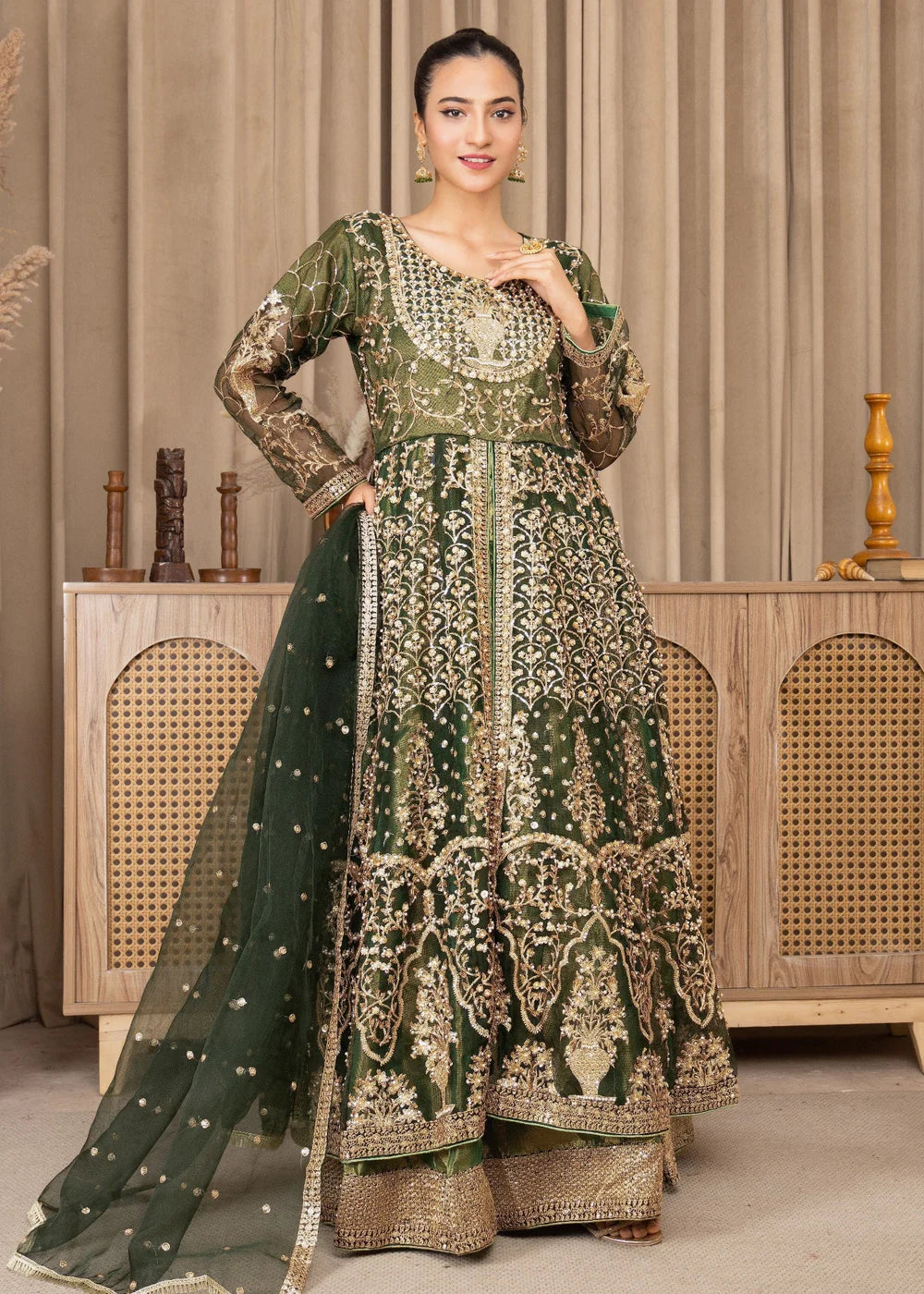Dark Green Organza Maxi – 3Piece