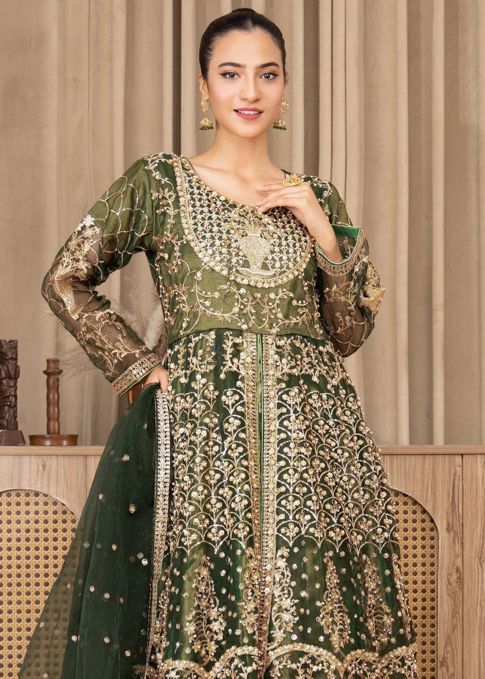 Dark Green Organza Maxi – 3Piece