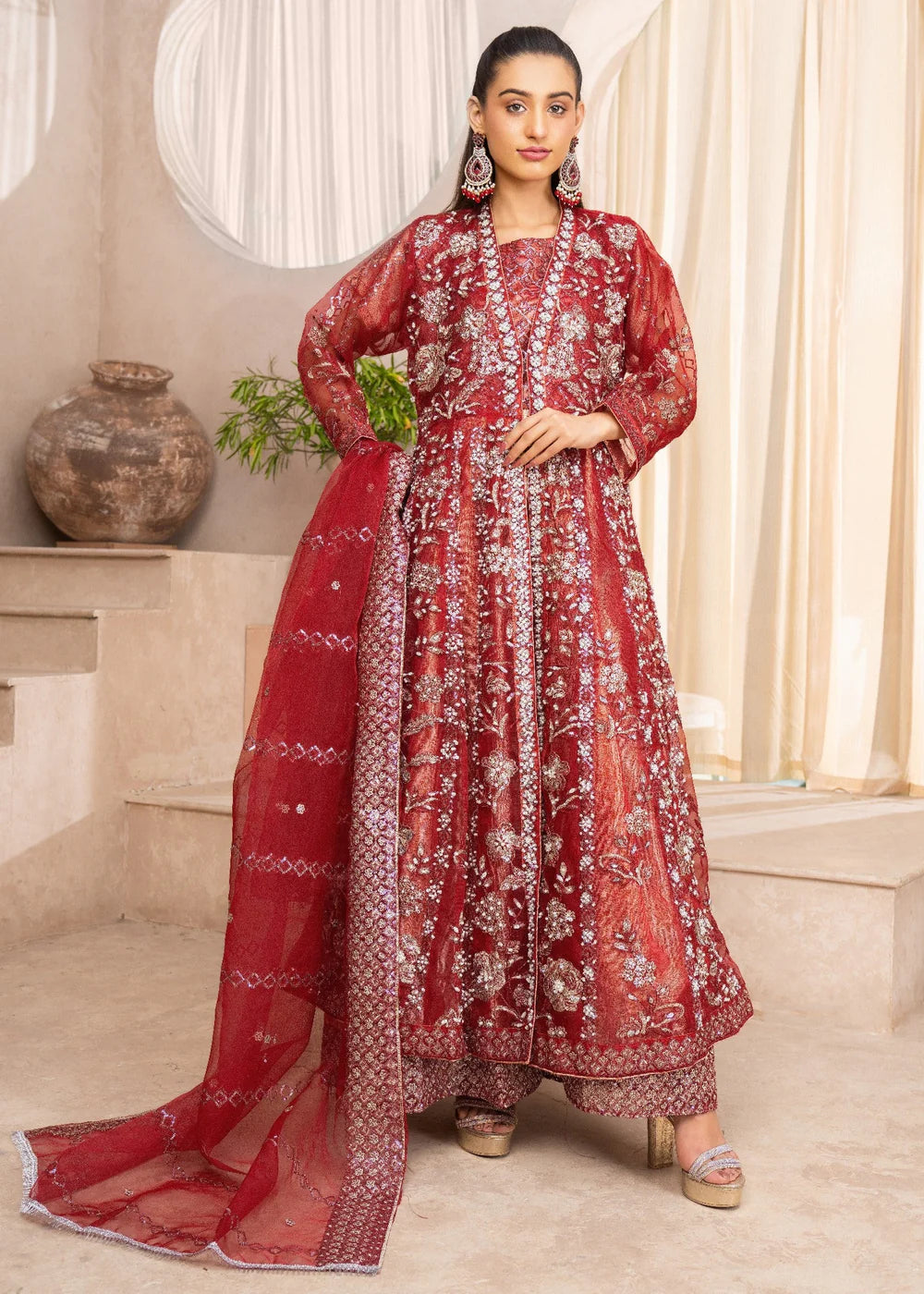 Maroon Net Maxi – 3Piece