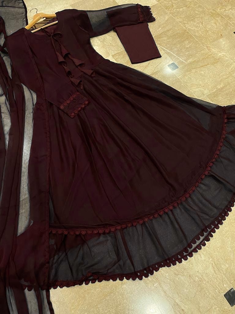 Two Layers Border Front & Back Lace Work Long Flare Maxi With dupatta 3pcs