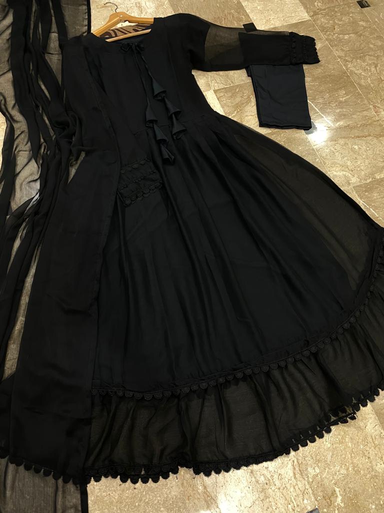 Two Layers Border Front & Back Lace Work Long Flare Maxi With dupatta 3pcs