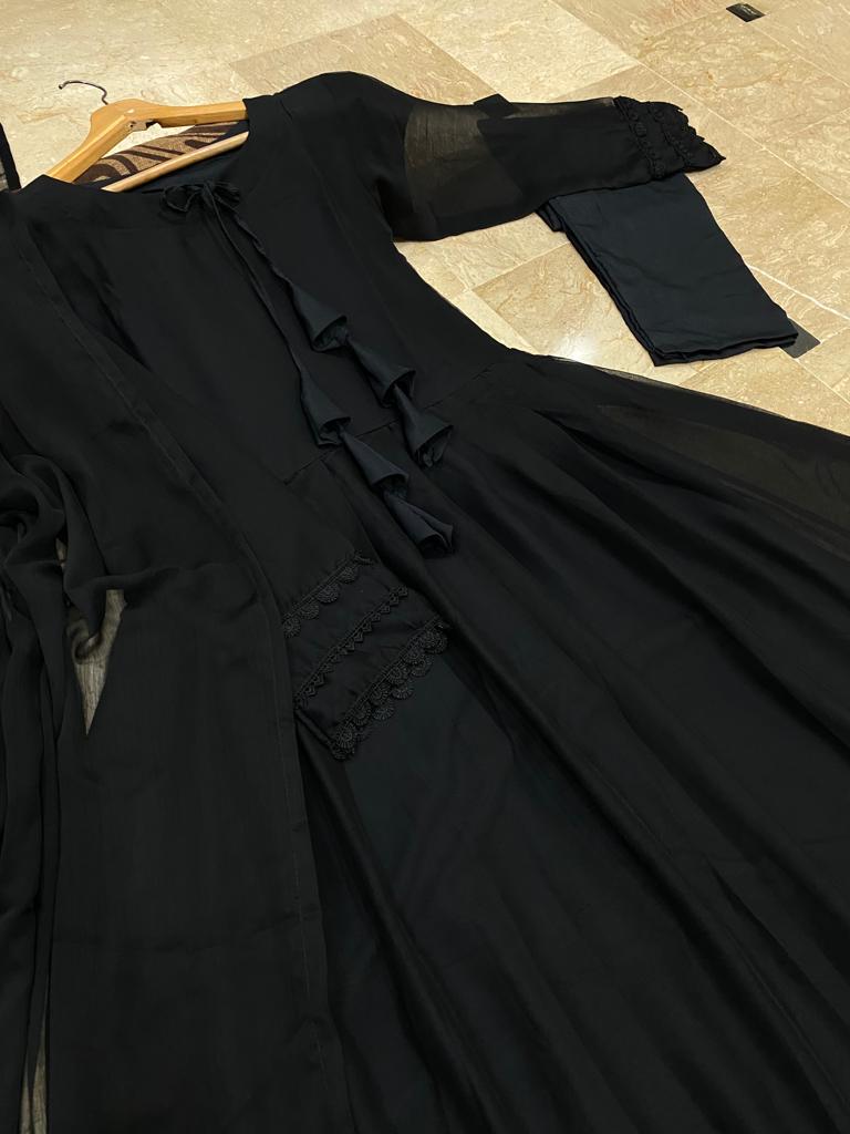 Two Layers Border Front & Back Lace Work Long Flare Maxi With dupatta 3pcs