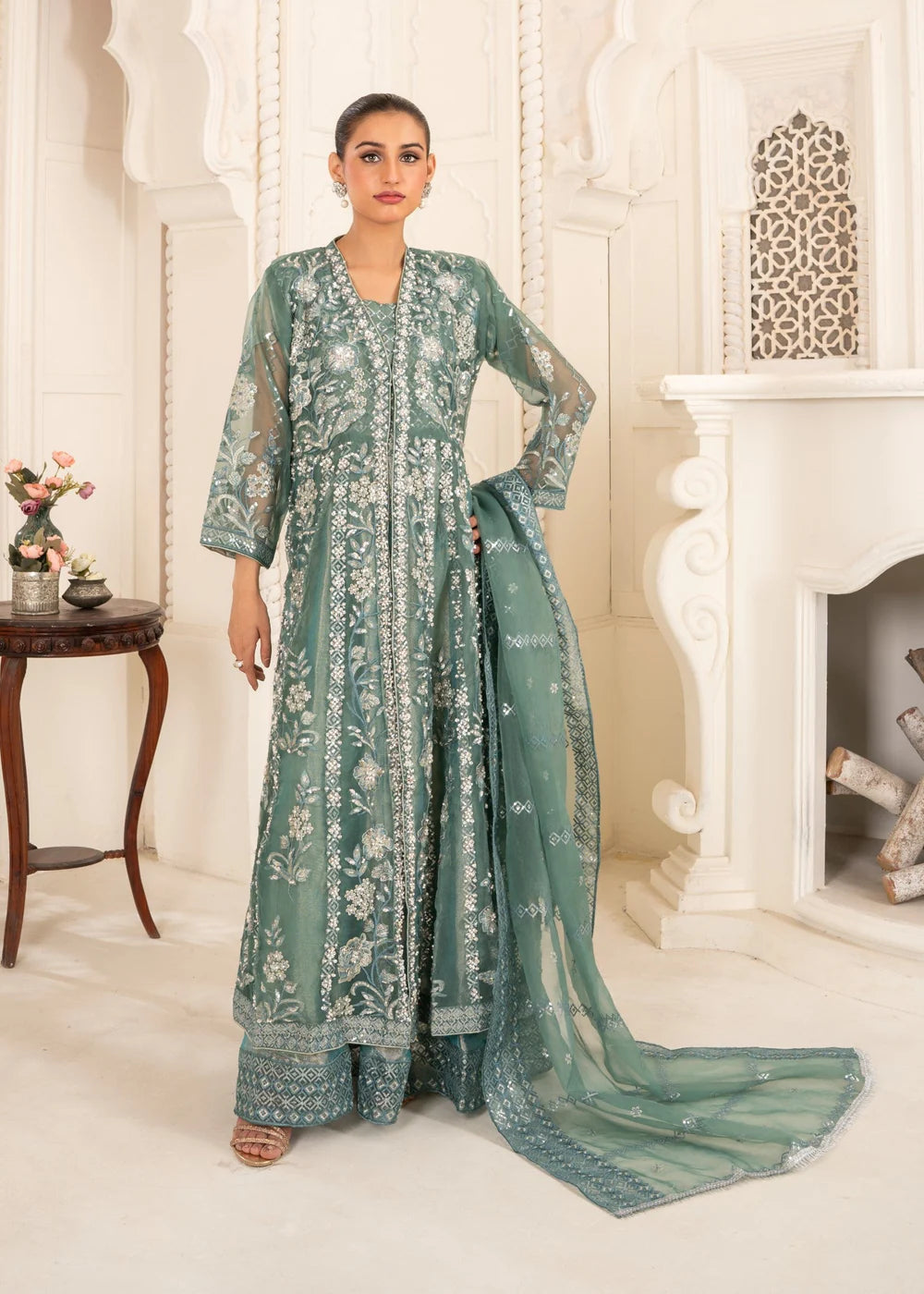 Sea Green Organza Maxi – 3Piece