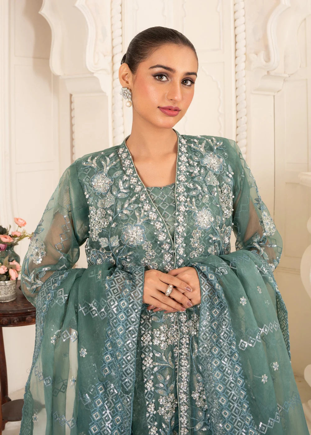 Sea Green Organza Maxi – 3Piece